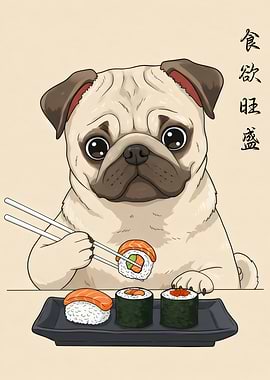Pug eating sushi with chopsticks