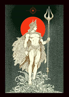 Poseidon Illustration with Trident and Waves