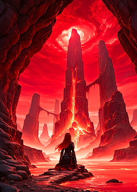 Red Lava Fantasy Landscape with Warrior