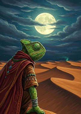 Chameleon in Desert Under Moonlight