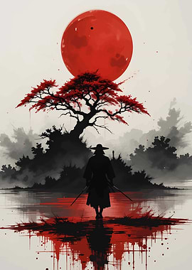 Samurai Under Red Moon Digital Art
