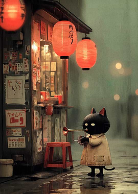 Cat playing trumpet in rainy street