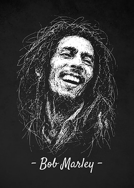 Bob Marley Portrait - Black and White Scribble Art