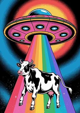 Cow Abduction by UFO with Rainbow Beam