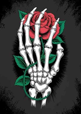Skeleton Hand Holding Red Rose