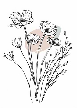 Floral Line Art with Abstract Shapes