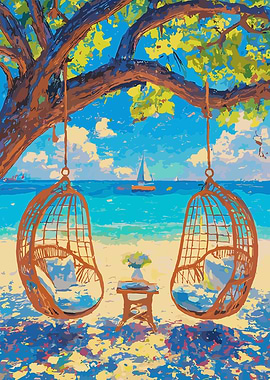 Beach Scene with Hanging Chairs Painting