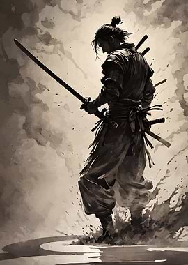 Samurai Warrior with Katana in Sepia