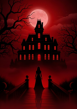 Red Haunted House with Woman Silhouette