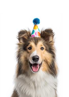 Rough Collie Dog with Birthday Hat