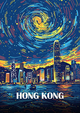 Hong Kong Cityscape Night Art