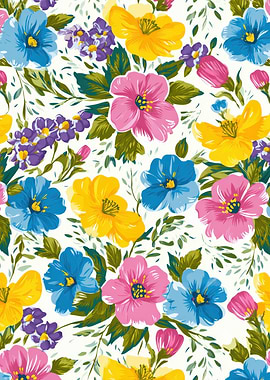 Floral Pattern with Pink, Blue, Yellow Flowers