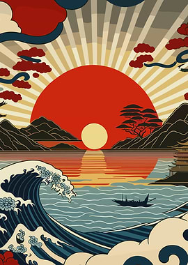 Japanese Landscape with Sun and Waves