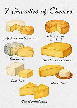 7 Families of Cheeses Watercolor Illustration