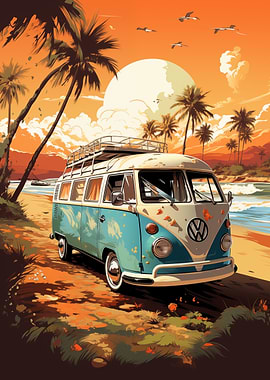 VW Bus on Tropical Beach