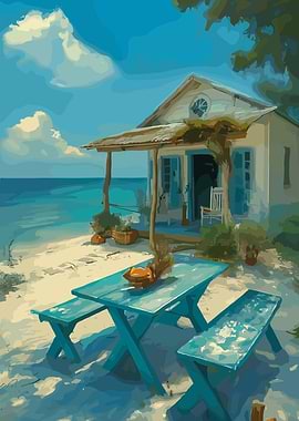 Beach House with Turquoise Picnic Table