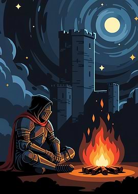 Knight by Campfire at Night