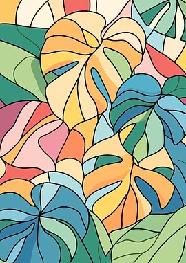 Colorful Tropical Leaves Stained Glass Style