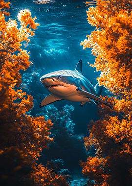 Great White Shark in Coral Reef