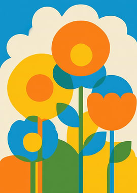 Retro Floral Pattern with Geometric Shapes