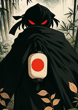 Mysterious Ninja with Lantern in Bamboo Forest