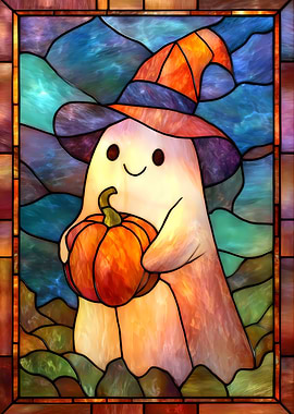 Halloween Ghost with Pumpkin Stained Glass