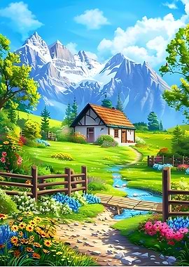 Idyllic Mountain Cottage Landscape