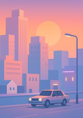 Cityscape with Car at Sunset