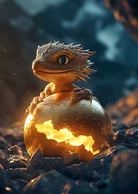 Baby Dragon Hatching from Golden Egg