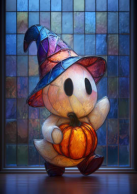 Cute Ghost with Pumpkin and Witch Hat