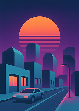 Synthwave Cityscape with Car and Sunset