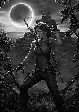 Lara Croft in monochrome adventure scene