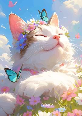 Cat with Flowers and Butterflies