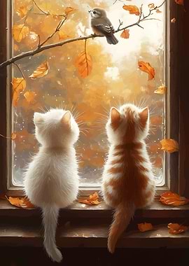 Kittens Watching Bird in Autumn Window