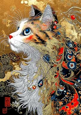 Ornate Cat Portrait with Floral Details