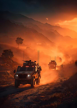Military convoy in a desert landscape