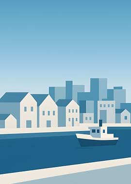 Minimalist Blue Cityscape with Boat
