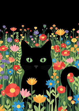 Black Cat in Colorful Flower Field