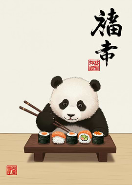 Panda eating sushi with chopsticks art