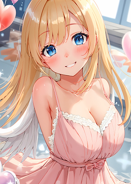 Anime Girl with Angel Wings and Balloons