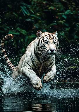 White Tiger Leaping Through Water