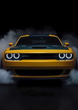 Yellow Dodge Challenger with Smoke