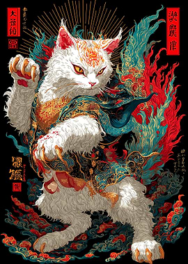 Japanese Style Cat Warrior Illustration