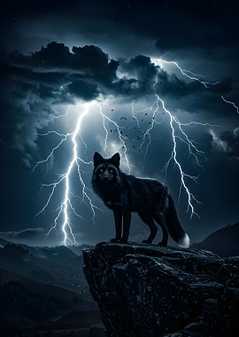 Black Fox on Cliff Under Lightning