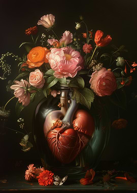 Floral Still Life with Human Heart