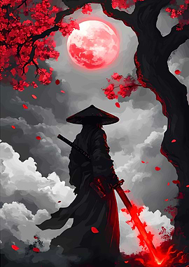 Samurai with Red Sword under Moon