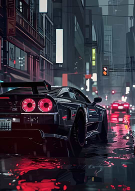 Black Sports Car in Rainy Cityscape