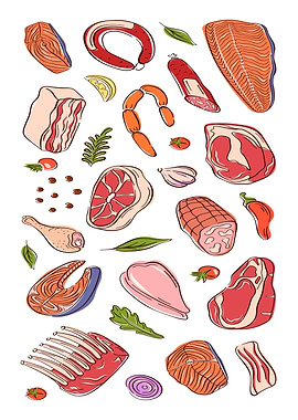 Assorted Meats and Fish Illustration
