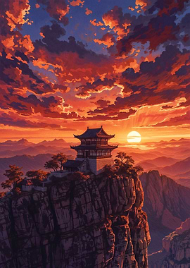 Asian Temple on Mountain at Sunset