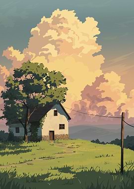 Rural House with Tree and Clouds